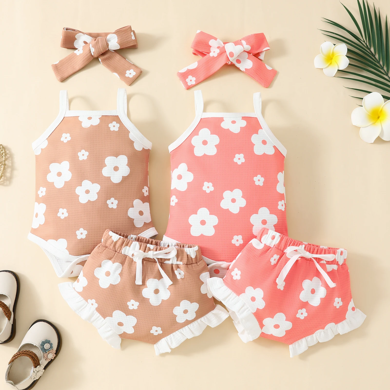 Baby Girl Printed Pattern Ruffle Design Sleeveless Tops Combo Shorts Sets