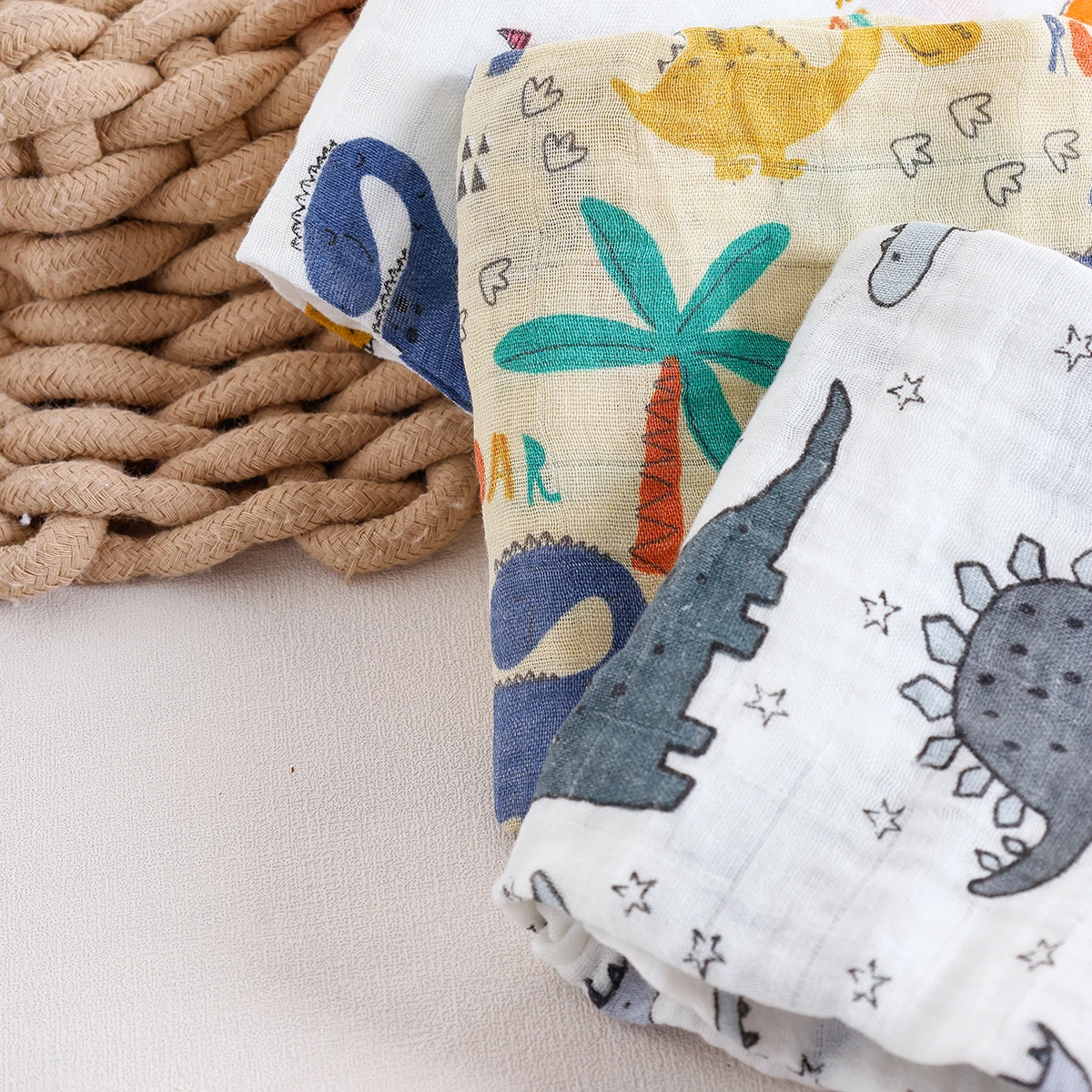 HappyFlute New Combined Dinosaur Print 5Pcs/set Muslin Swaddle Feeding Burp Cloth Newborn Soft Bamboo Cotton Fabric Blanket Wipe
