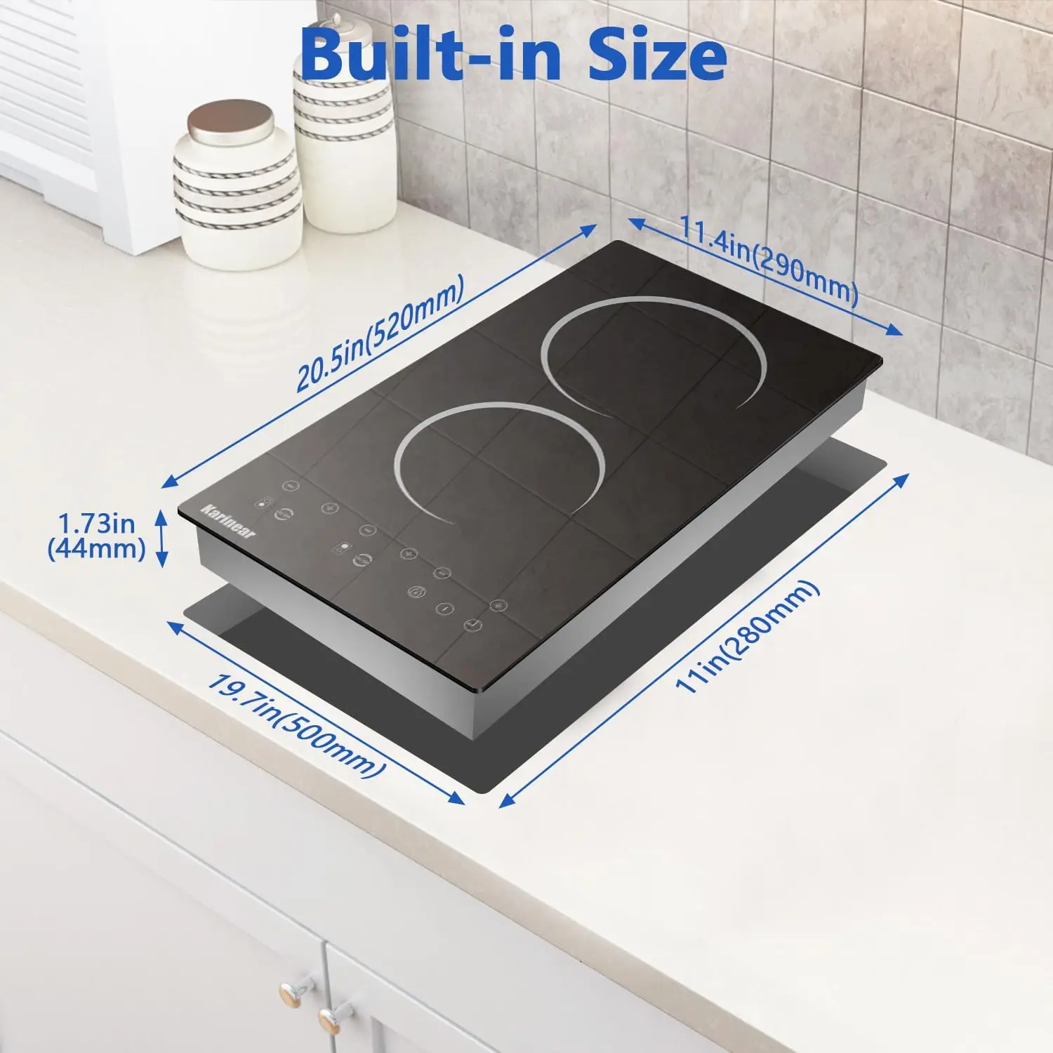 Karinear 110V Electric Cooktop 2 Burner-12 Inch Plug in, Countertop & Built-in Ceramic Cooktop, 2000W, Residual Heat Indicator