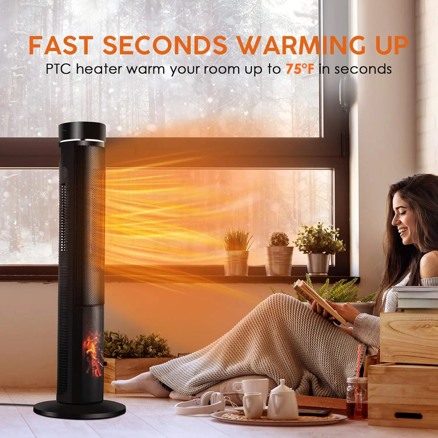 Space Heater for Large Room-36" Ceramic Tower Space Heater for Room Heating w/Thermostat, Fast Heating, 3D Realistic Flame, Os
