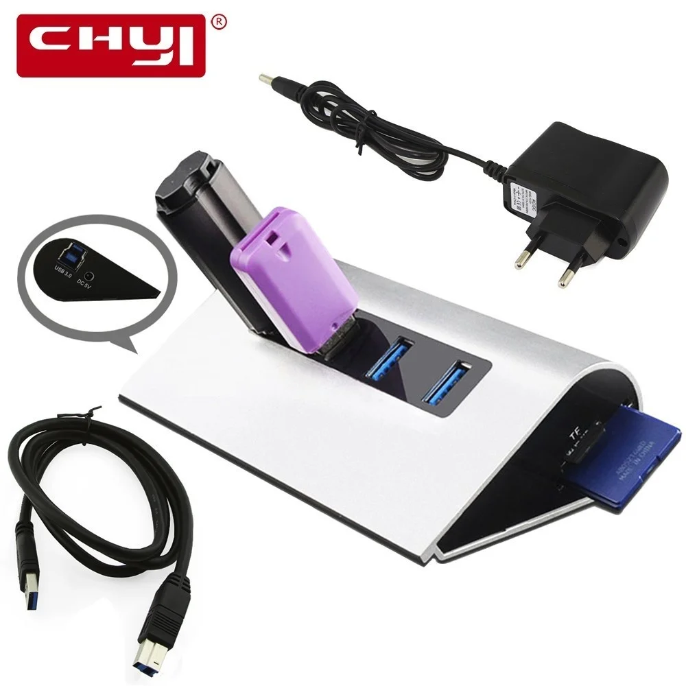 

CHYI 4 Ports USB 3.0 Hub Multiple Expander High Speed USB HUB Splitter SD/TF Card Reader with Power Adapter Combo For PC Laptop