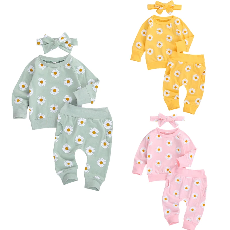 Spring New Fall Autumn Infant Baby Girls 3Pcs Set Long Sleeve Lovely Print Top Pants Headband Toddler Outfits Clothes