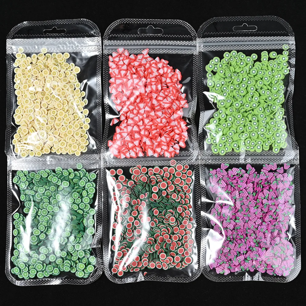 1000 개/가방 3D 여름 과일 조각 Kawaii 폴리머 클레이 딸기 레몬 네일 매력 네일 아트 장식 플랫 백 라인 석