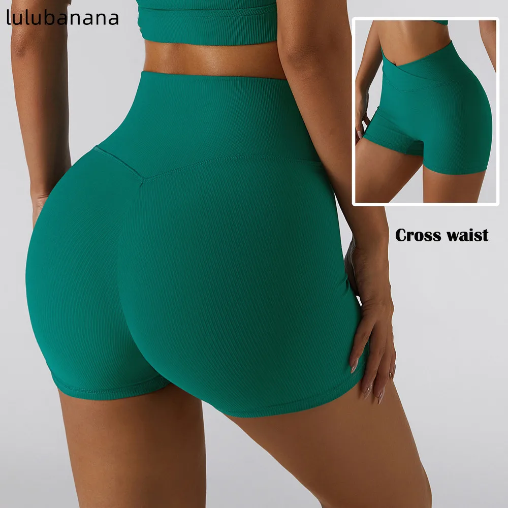 

LULUBANANA 3" Sexy V Waist Ribbed Yoga Gym Biker Shorts Women Cross Waist Butt Scrunch Workout Sports Booty Shorts Sportswear