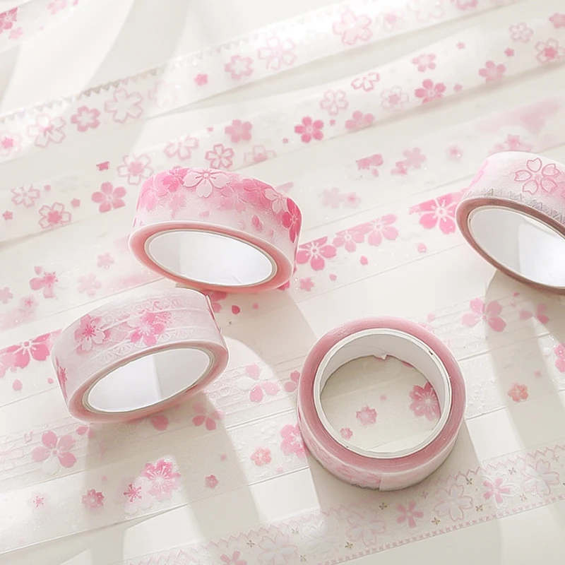 Mr.Paper 4롤 스프링 벚꽃 시리즈 글리터 PET 와시 테이프 핑크 사쿠라 장식 저널 스크랩북 DIY 다이어리 캘린더