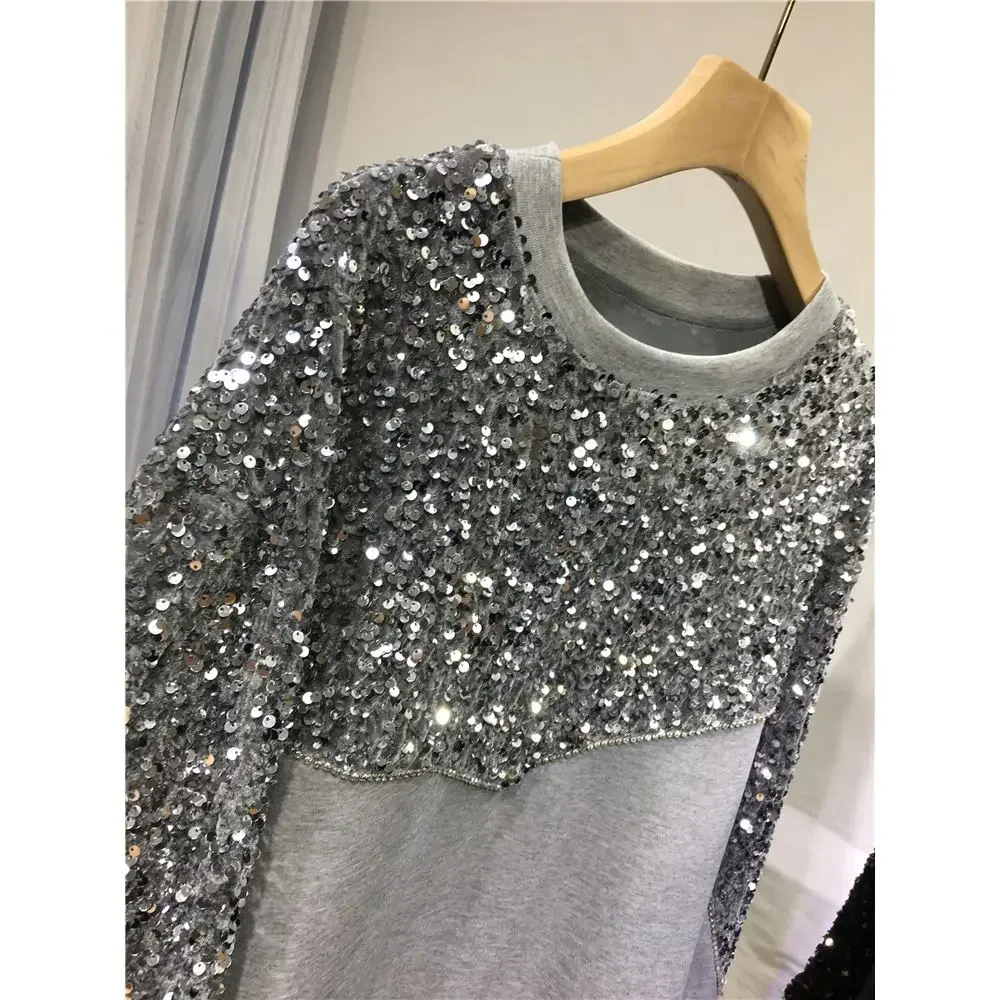 Women Sweater Hand-beaded Sequins Hoodies Pullovers O-Neck Long-sleeved Gray Sweatshirts Autumn Winter Outerwear Jumpers Tops