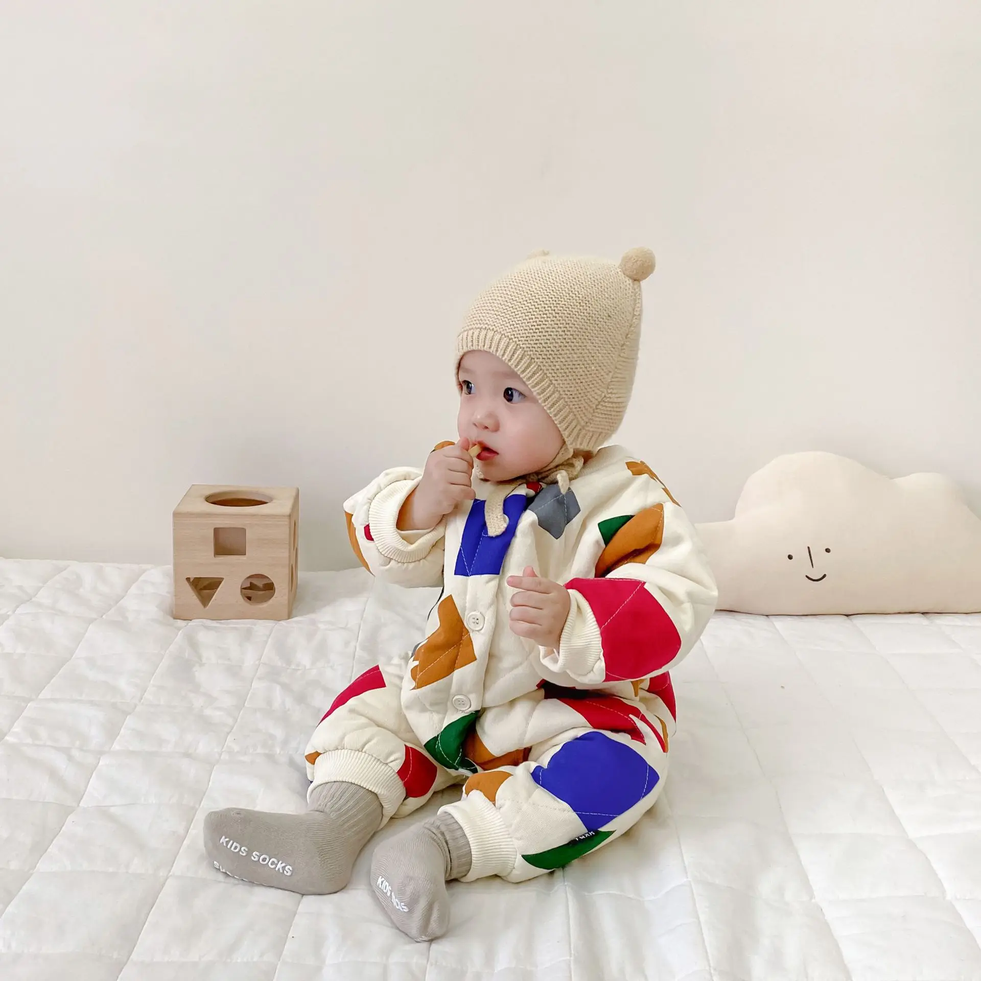 남아용 기하학 롬퍼 두꺼운 벨벳 긴팔 외투 코트,  외투, 싱글 가슴 파카, 2023 겨울