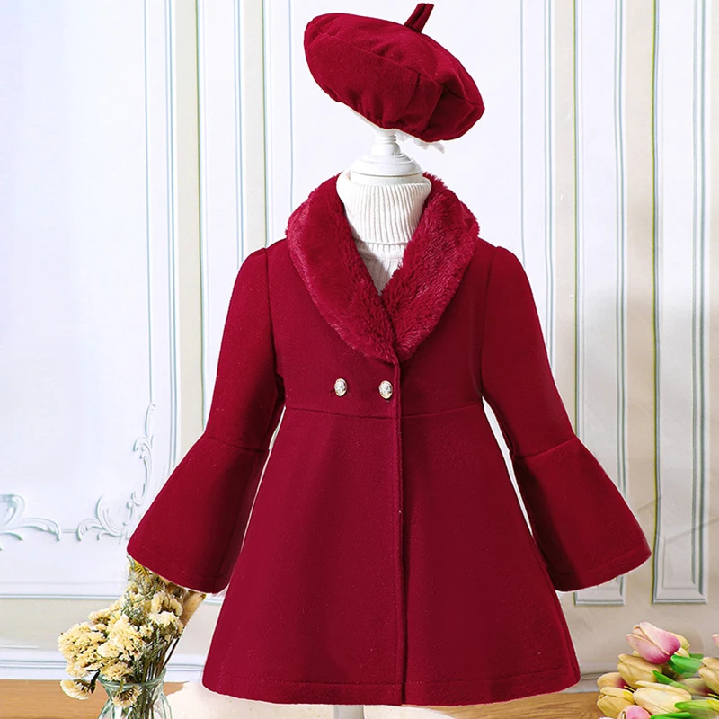 Girls Winter Coat Girls Outerwear Children's clothing for small and medium-sized girls winter style solid color patchwork fur collar woolen warm coat jacket