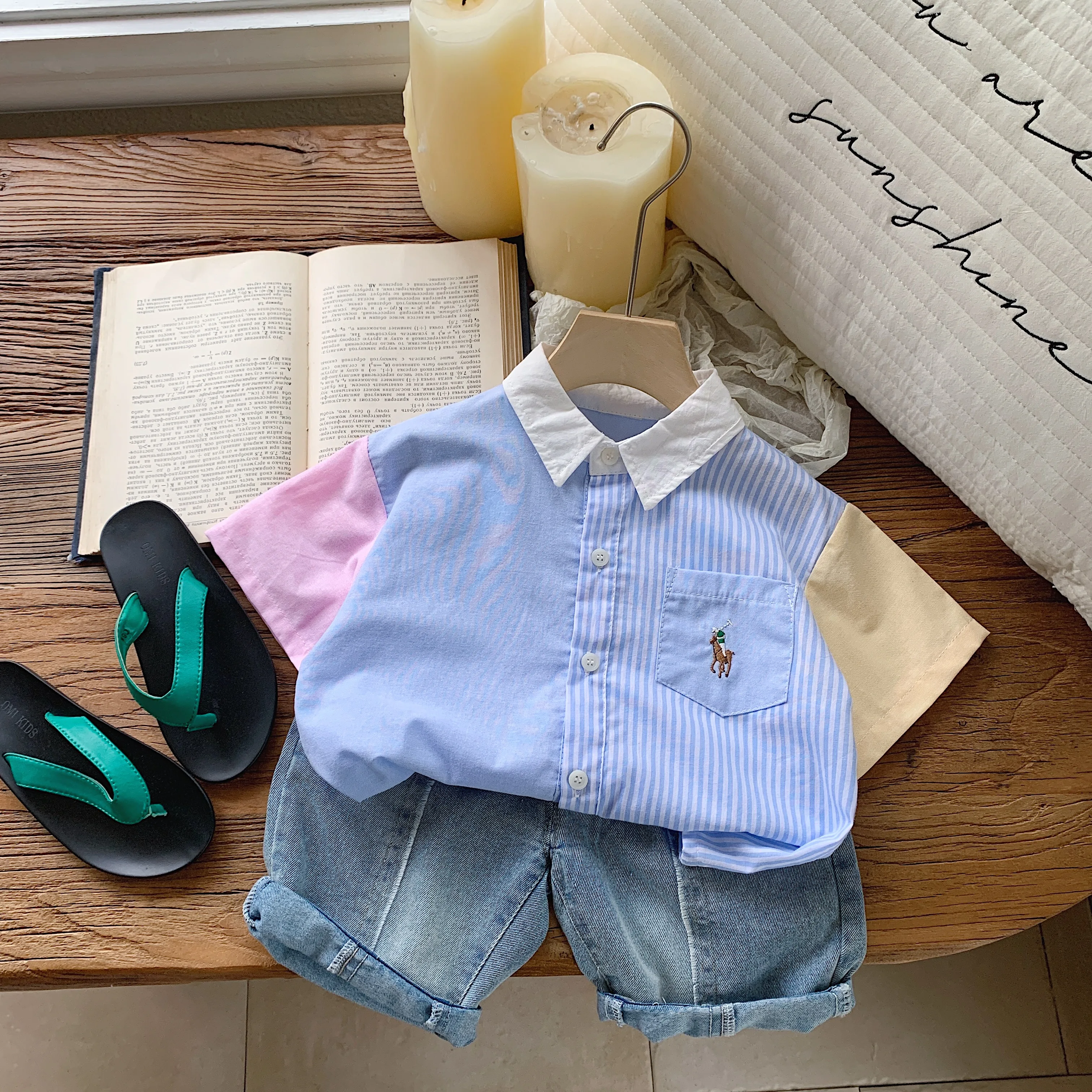 Children's short sleeved shirt with added sugar summer new product, boys' color blocked shirt, Korean version, children's c
