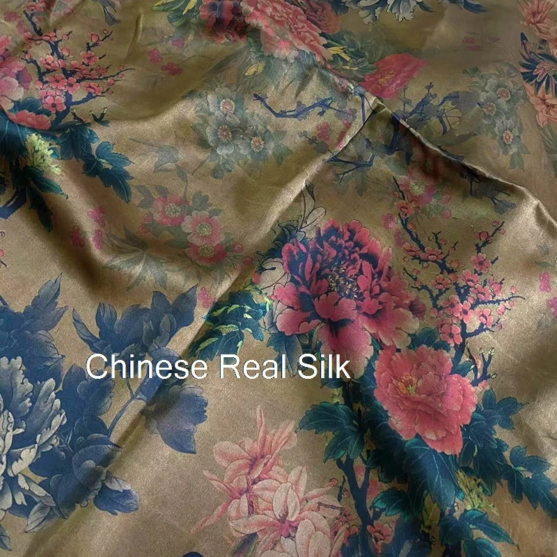 Heavy Yellow Brown Flower Gambiered Guangdong Silk Cloth 100% Cheongsam Fabric Real