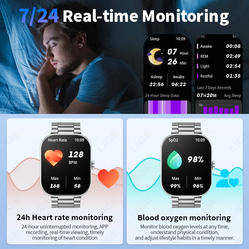 LIGE Men Smart Watch 2.01 inch Bluetooth Call Women Voice Assistant Heart Rate Monitor Sleep Tracker Smartwatch For Android IOS