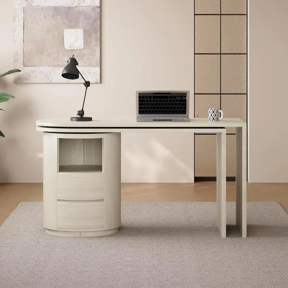 L Shaped Desk with Storage Shelves, 360° Wood Rotating Desk with 2 Drawers and Open Storage, Executive Office Desk 6