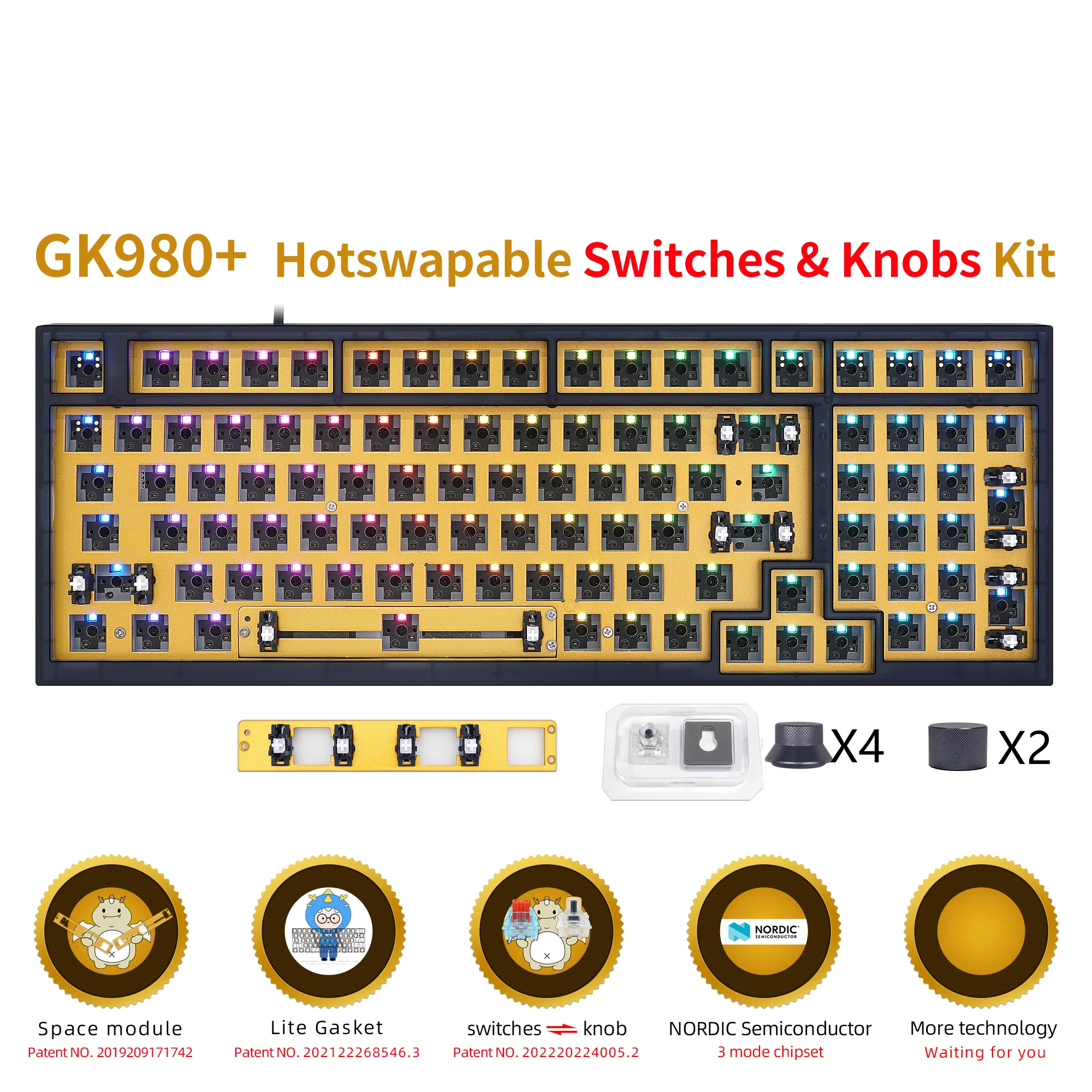 플라스틱 GK980 트리플 모드 4 노브 가스켓, RGB 핫 스왑 가능 매크로 프로그래밍 가능, 블루투스 유선 2.4G 기계식 키보드 베어본
