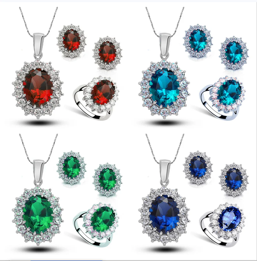 New Women's Blue Gem Crystal Jewelry Set Jewelry Ring Earring Necklace