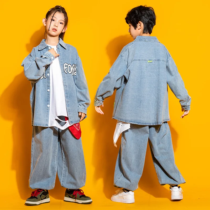 

Fashion Denim Jeans Shirt Pants Kids Hip Hop Dancing Clothes Ballroom Costumes Jazz Dancewear Street Dance Wear for Girls Boys