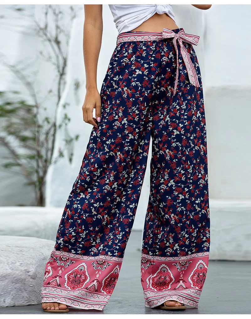 high waisted jeans Casual Bandage Pants Office Lady Trousers 2022 European and American Women's Summer Loose Pants Printed Wide Leg Pants 19544 dress pants