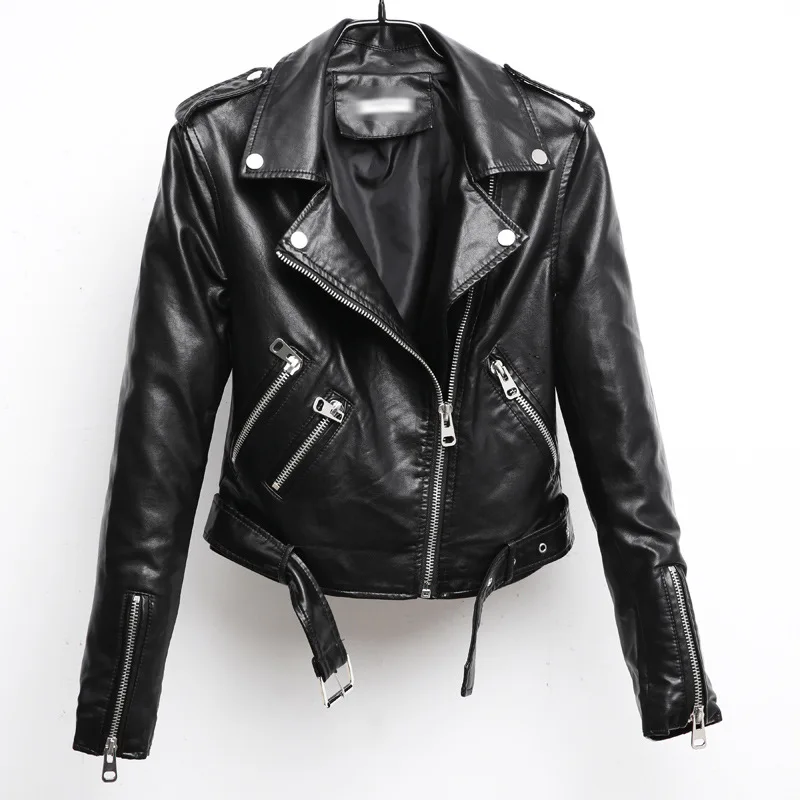 

New Spring Black Lapel Oblique Zipper Crop Pu Jacket Punk Style Silver Bandage Women PU Leather Jacket Coat Casual Crop Tops