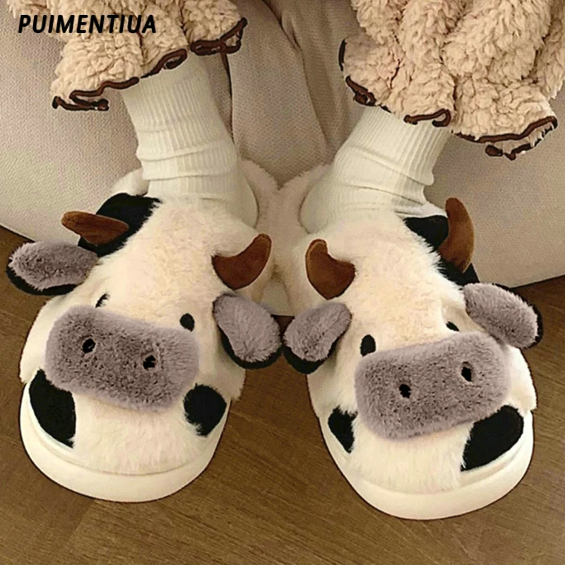 2024 Winter Warm Fur Slippers Cartoon Cow Cat Non-Slip Flip Flops Women Men Soft House Indoor Bedroom Couple Cotton Floor Shoes