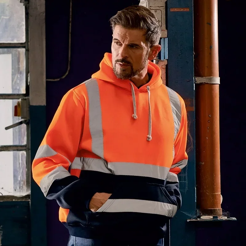 Reflective Polar Fleece Hooded Jacket Orange Jacket High Visibility Pullover Long Sleeve Hooded Sweatshirt Man Hoodies