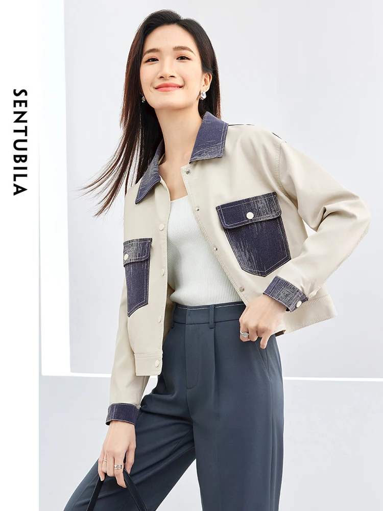 SENTUBILA Casual Cropped Pu Leather Jacket Women 2024 Spring Contrast Spliced Lapel Straight Long Sleeve Coat Overcoat W41G52869