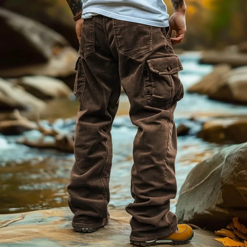 Corduroy Casual 2024 Autumn Retro Loose Tooling Pockets Elastic Windproof Design Trousers Cargo Pants Men 3