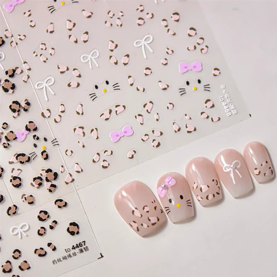 Colorful Bowknot Line Ribbon Kitten Speckle Leopard Print Pearl Heart Cat 5D Chic Nail Art Stickers Decoration Manicure Decals 3