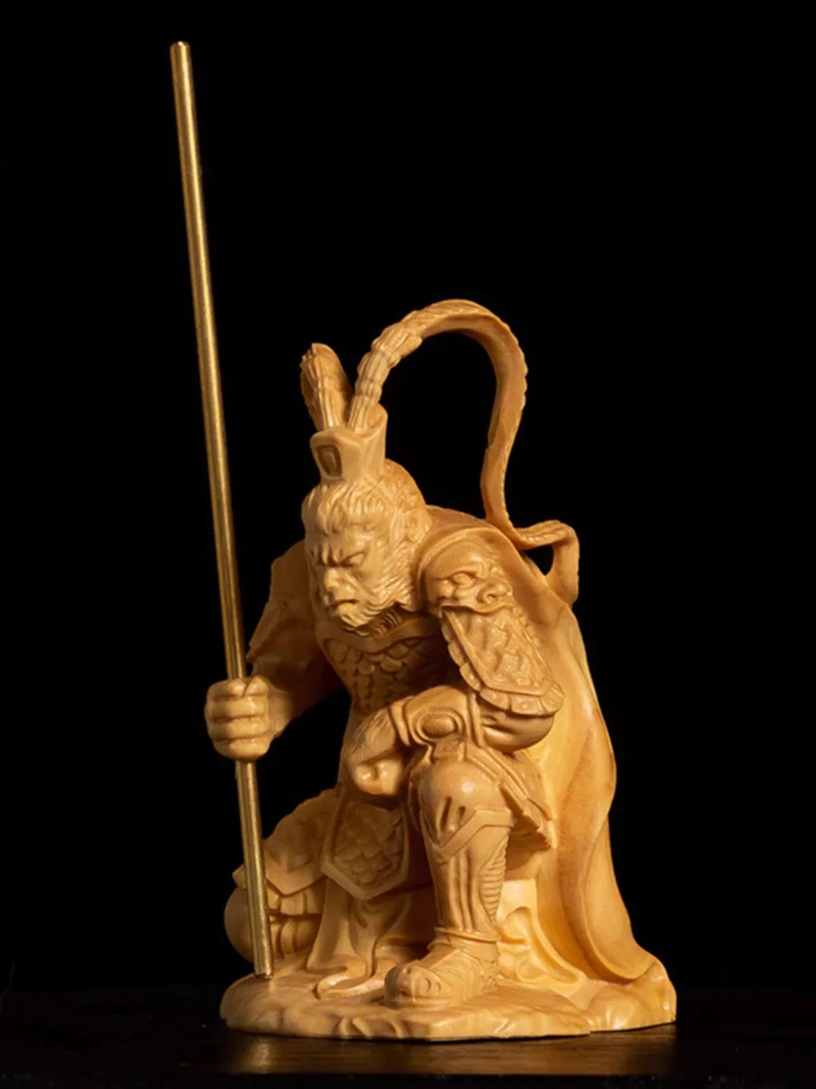 Huangyang wood carving, solid wood, Sun Wukong figurine, Qi Tian Da Sheng handicraft, living room ornament