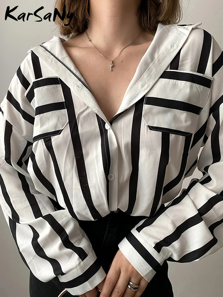 

Spring New Casual Black Striped Shirts & Blouses Long Sleeve Shirts With Pocket For Women Elegant Female Women's Clothing Sales