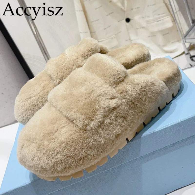 

Women Closed Toe Fur Half Slippers Flat Thick Sole Solid Color Warm Wool Lining Slippers Winter Home Cotton Shoes Lazy Mules