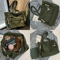 Women Casual Corduroy Shoulder Bag Travel Master Multi Pocket Tote Solid Color 4
