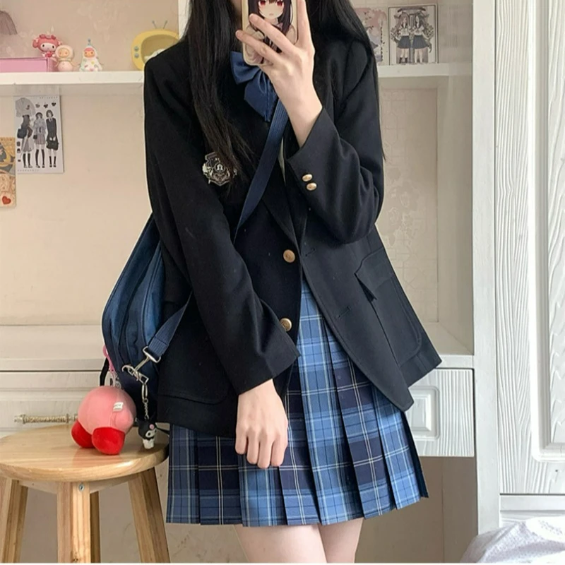Japanese School Fashion Jk School Uniform Coat Spring Autumn Black Lapel Long Sleeve Jackets College Style Costume Girl