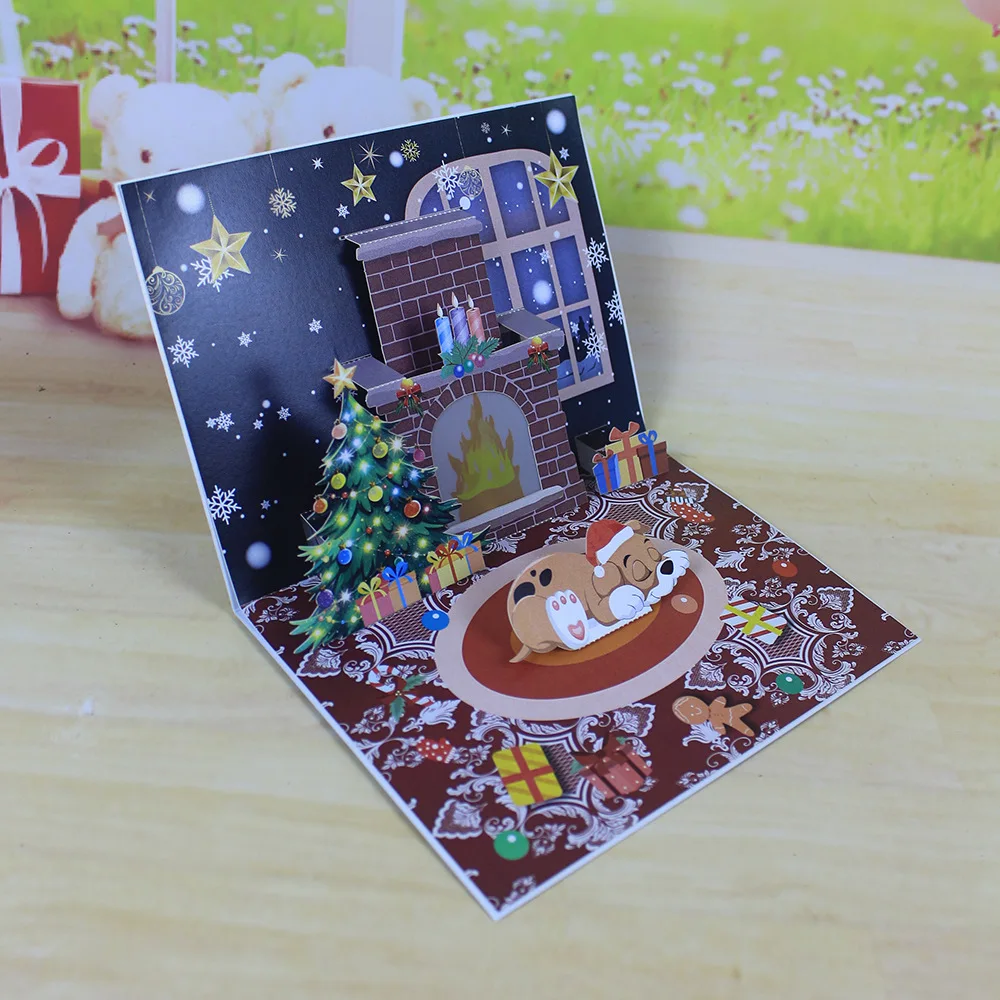 1PC Christmas Blessings Music Lights Projection Elderly Fireplace 3D Stereoscopic Greeting Card Paper Sculpture New Year Card greeting cards