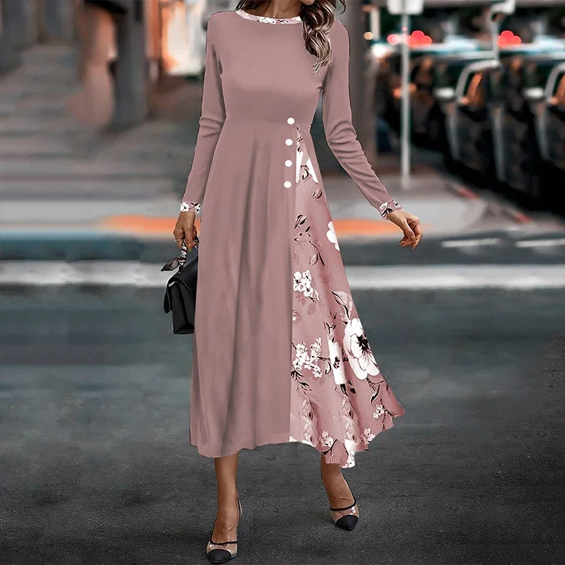 

Autumn Winter Vintage Floral Print Women Dresses Fashion New Round Neck Long Sleeve Patchwork Casual Elegant Slim Pullover Dress