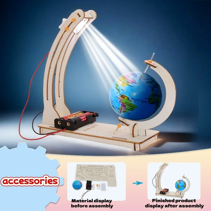 DIY Earth Model Day Night Cycle Science Kit STEM Educational Globe Toy for Kids Classroom Physics Learning Wooden Handmade Toys