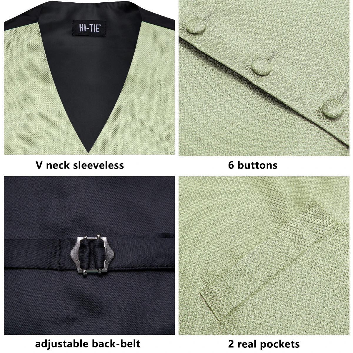 Hi-Tie Sage Green Solid Silk Mens Suit Vests 4PC Woven Waistcoat Tie Pocket Square Cufflinks Business Wedding Dress Waist Jacket 5