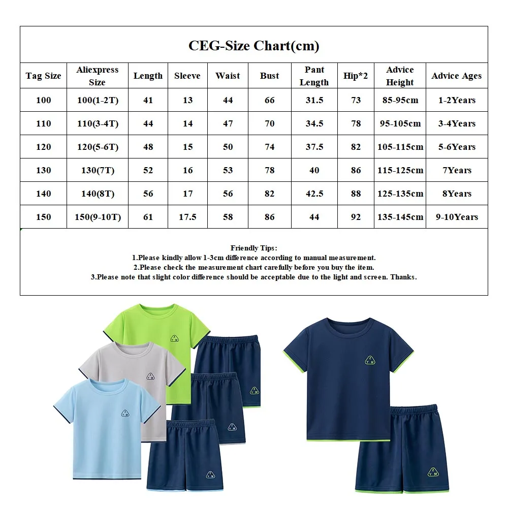 2pcs 소년용 여름 솔리드 컬러 속건 통기성 세트 1-10T 아동용 루즈핏 스포츠 러닝 하이킹 아웃도어 반팔 반바지