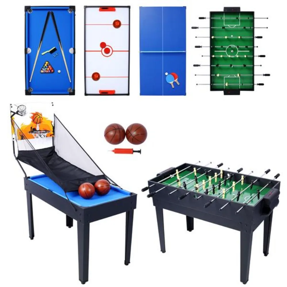 5-in-1 Multi-Game Table-Billiards, Push Hockey, Foosball, Ping Pong, and Basketball black/blue