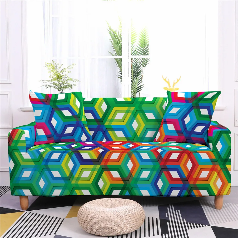 

Colorful Geometry Cube Sofa Cover Print Sofa Slipcover Washable Polyester Non Slip All-Wrapped Couches Loveseat for Kids Gift