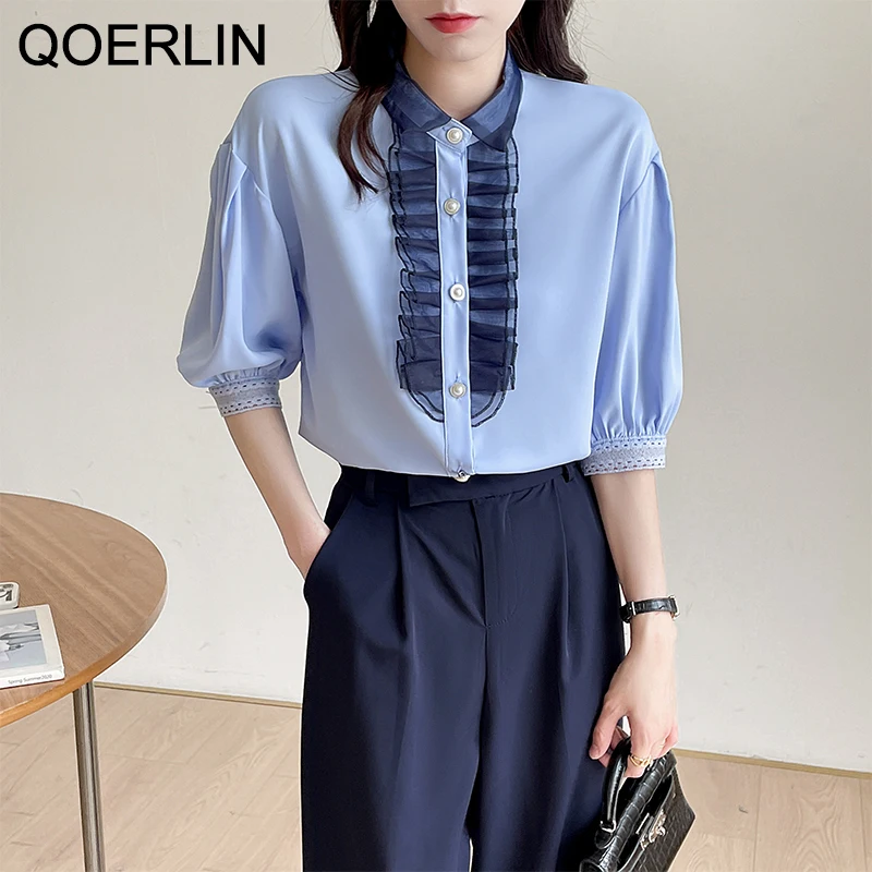 QOERLIN Stylish OL Top Women Summer New Cardigan Tunic Ruffels Mesh Blue Blouse Office Ladies Lace Half Sleeve Shirt