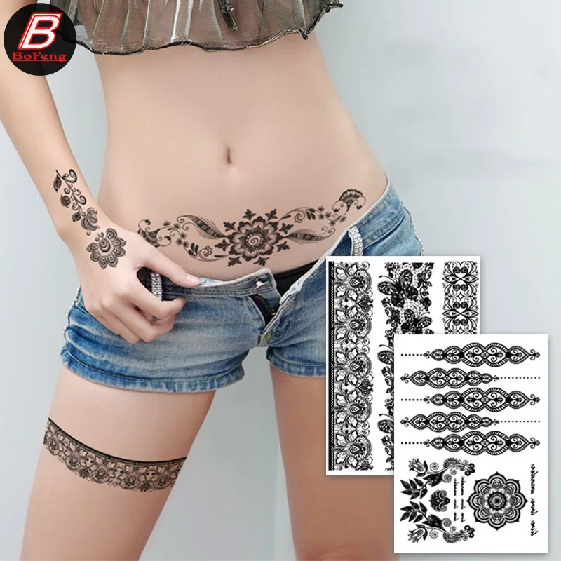 

Black Waterproof Henna Lace Tattoo Sticker Butterfly Flower Temporary Eco-Friendly Tattoo Sticker Long Lasting Body Art Tattoos