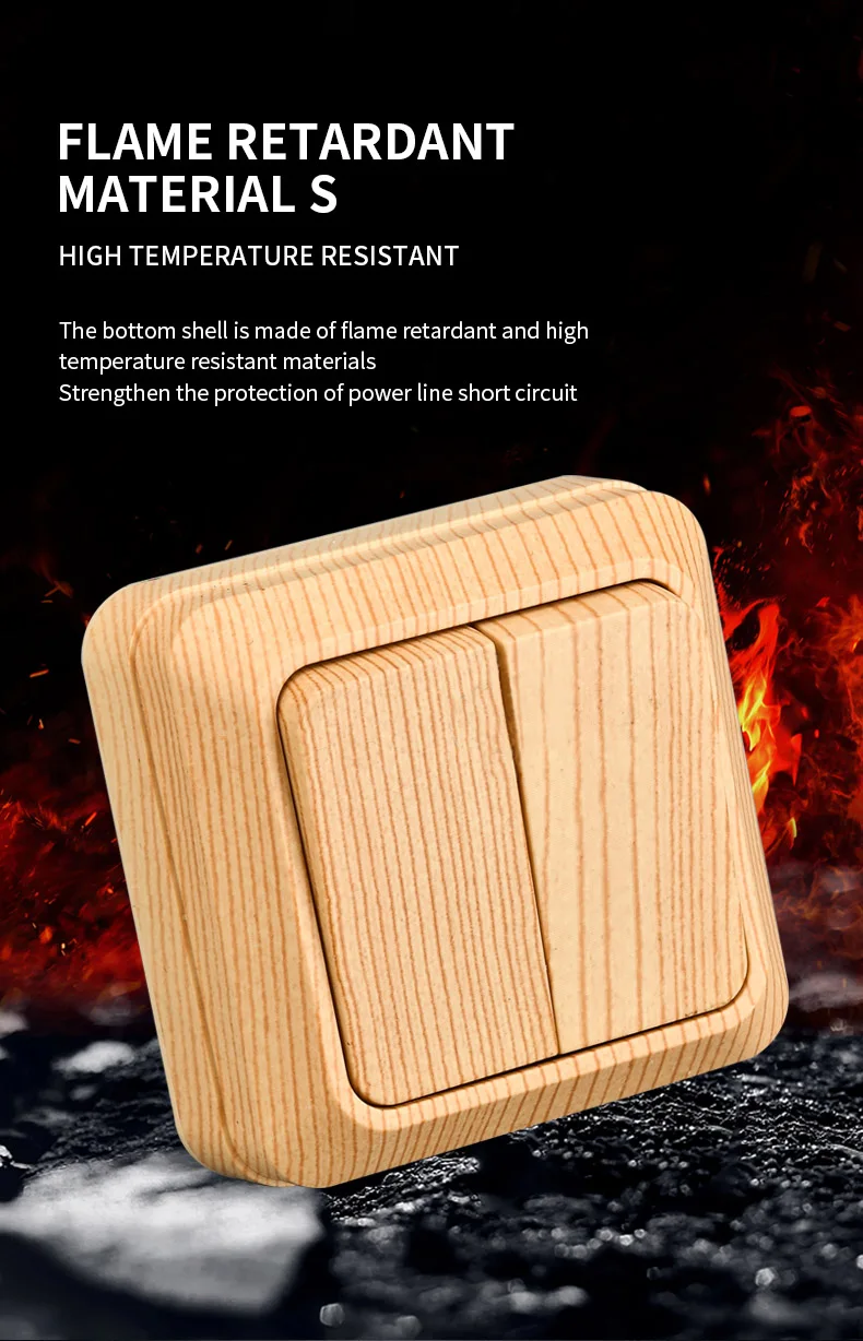 Description Picture 3 of itemWESA Wood Wall Mount Switch Classic Flame Retardant Plastic Panel 2 Gang 1 Way Vintage Imitation Wooden Color Wall Switch 16A AC