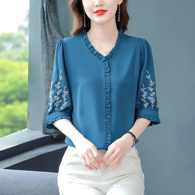 Tops for Women 2023 Elegant Pure Color Fashion Casual Three Quarter Sleeve  Cardigan Tee Outdoor (Blue, XXXXL) at  Women's Clothing store