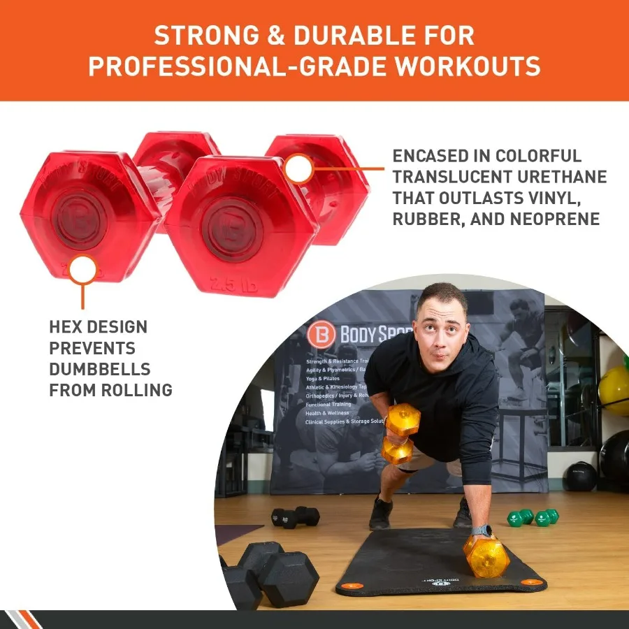 Body Sport Urethane Aerobic Dumbbells Pair Premium Hand Weights with Solid Steel Core Ergonomic Gel Coating for Fitness Trainin