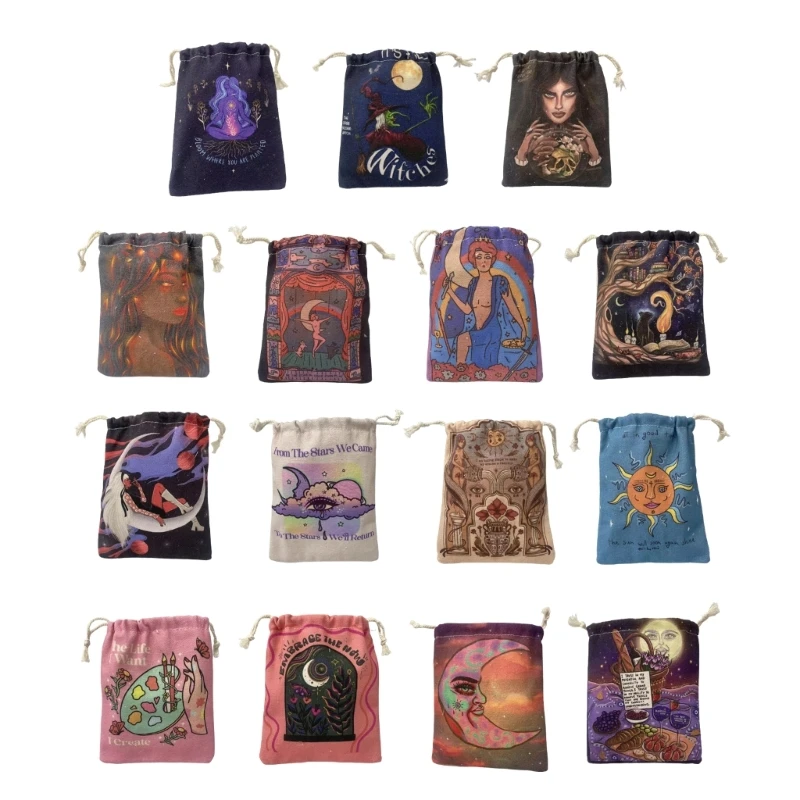 Canvas Tarot Cards Storage Bag Printing Drawstring Package Bag Witchcraft Supplies for Altar Tarot Box 13x18cm