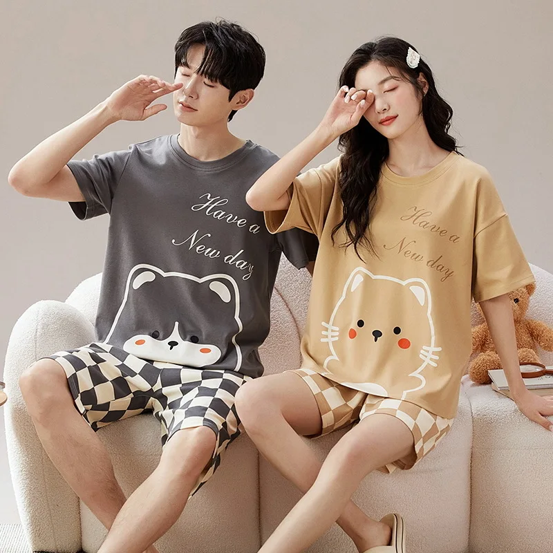여름 커플 잠옷 세트, 녹색, 작은 공룡, 느슨한 코튼 잠옷, Mujer 캐주얼 홈 수트, 여성용 달콤한 잠옷, 신제품