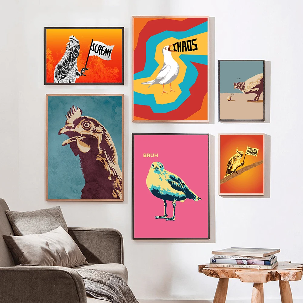 

Rooster Absract Retro Seagull Wall Painting Canvas Print Multicolor Little Chick Screaming Mural Poster Picture Room Home Decor