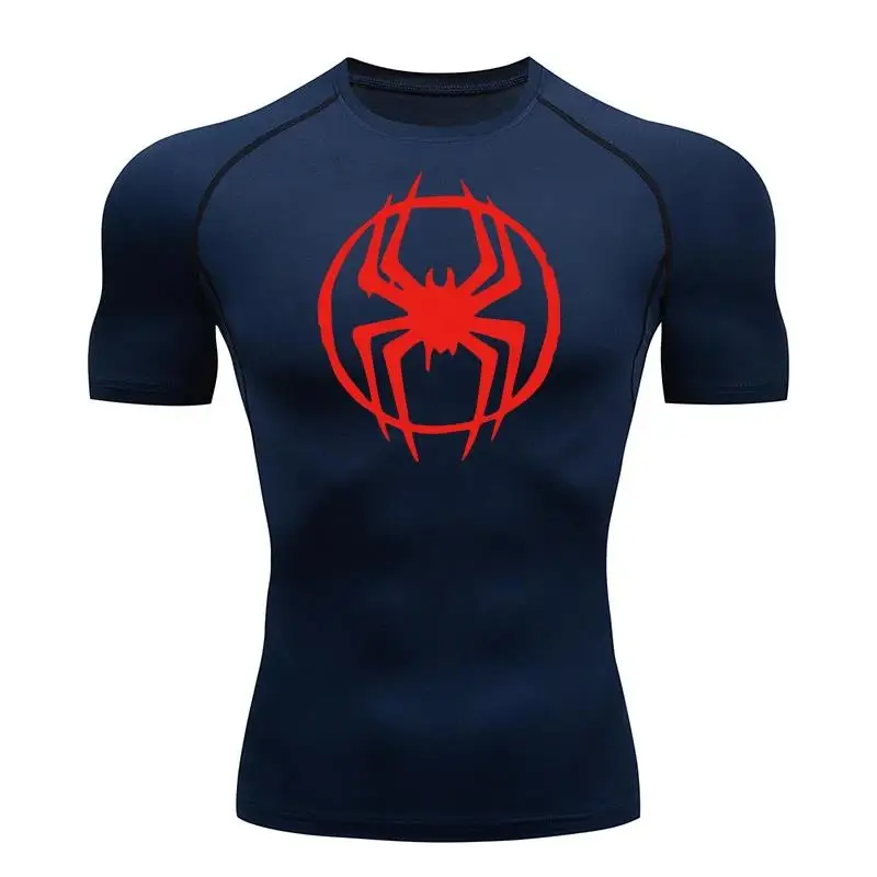 Stylisiertes rotes Spider-Kompressions-Workout-T-Shirt für Herren | Schnell Trocknendes Muskel-Fit Sportshirt für Fitness & Bodybuilding