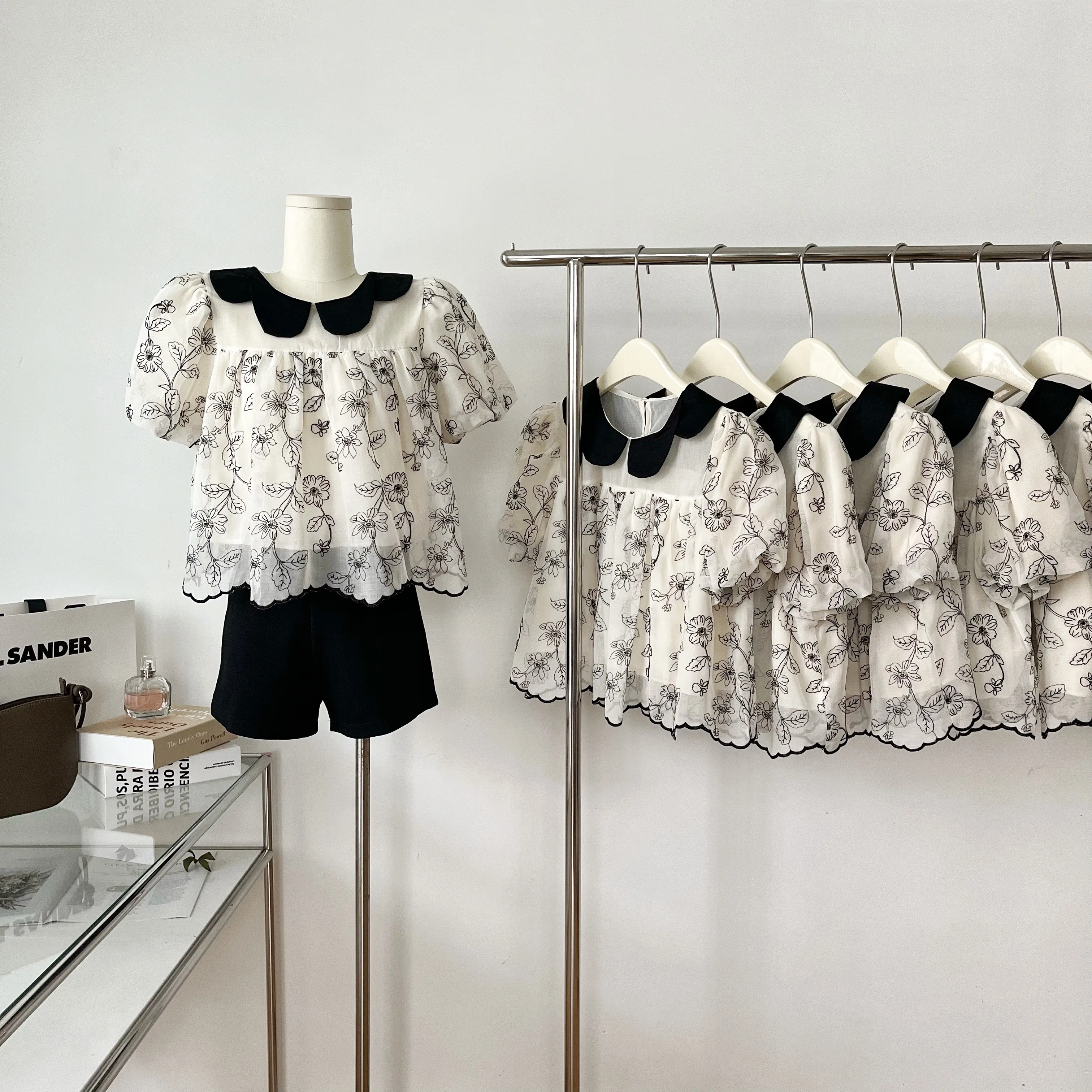 

2023 Summer Shirt For Women's Contrast Doll Collar Top Sweet Patchwork Mesh Floral Shirt