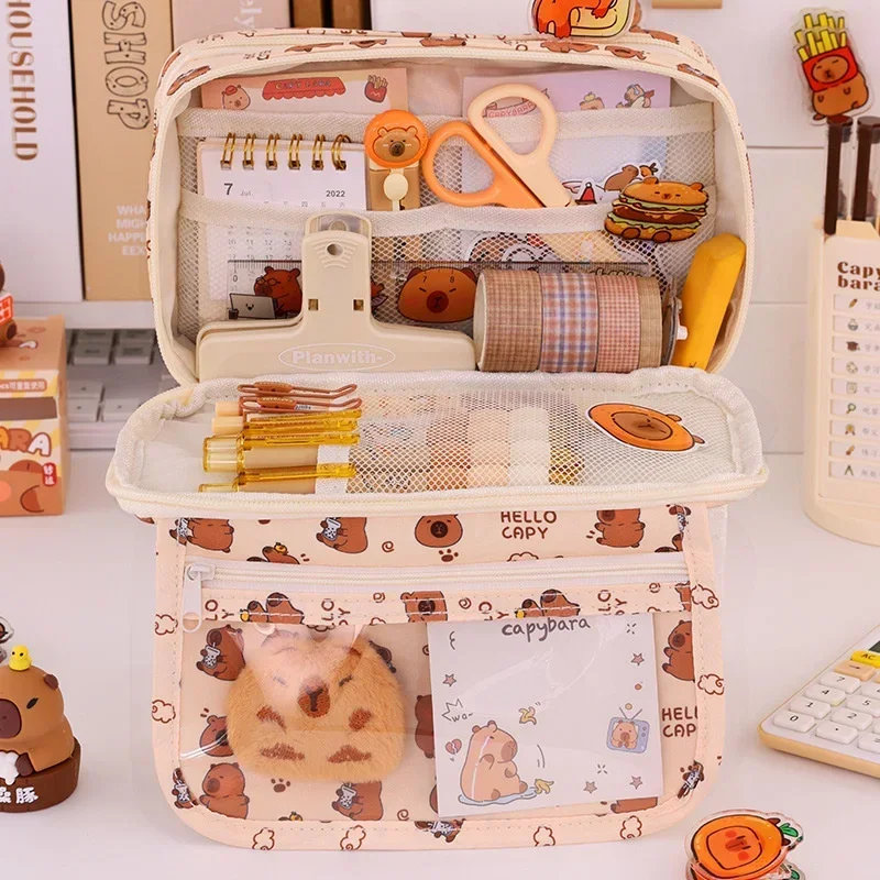 Pencil Case Capybara Multi-Layer Large Capacity Cartoon Stationery Organizer Cute Multi-Functional Pen Pouch for School Supplies pencil case