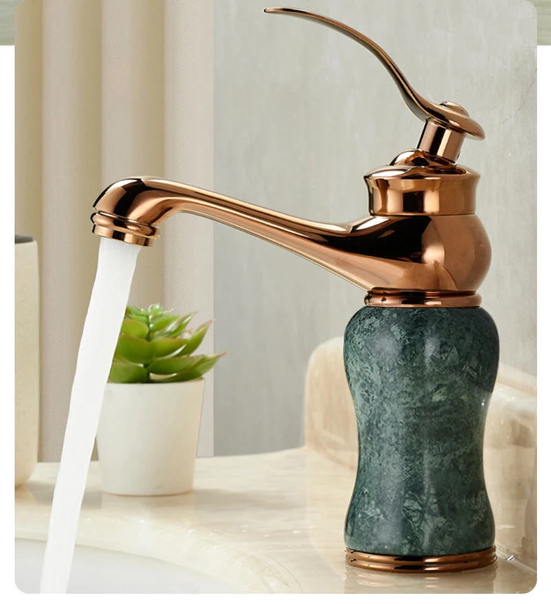 Description Picture 3 of itemBathroom Basin Faucet Gold Brass And Jade Bathroom Single Handle Mixer Washbasin Faucet Cold Hot Water Sink Crane Mixing Taps